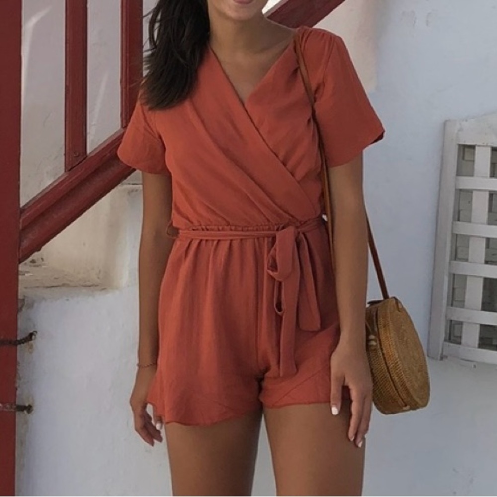 Dark Orange Tie-Front Romper